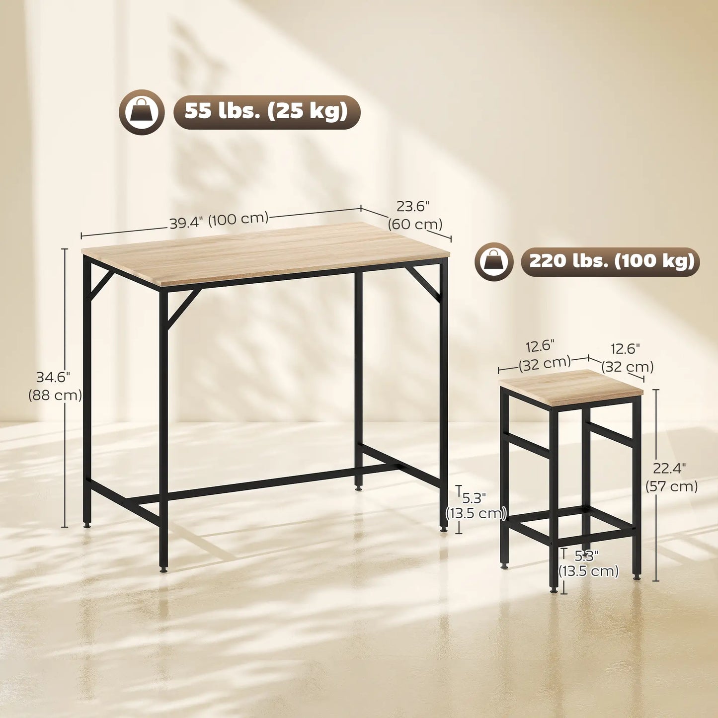 5-Piece Industrial Rectangular Bar Table Set, 4 Stools, Oak Bar Sets at Gallery Canada