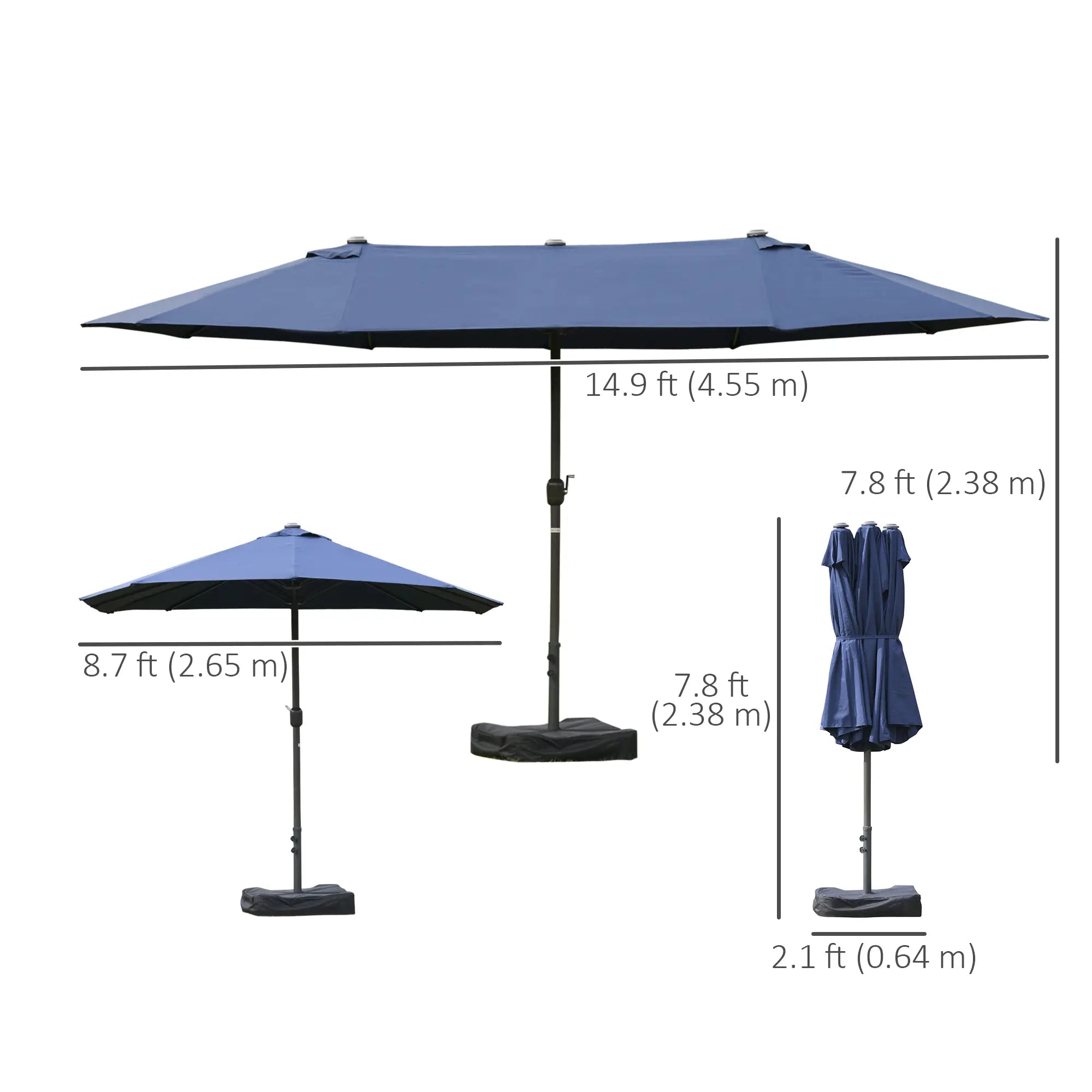 15' Outdoor Patio Umbrella, Twin Canopy Sunshade, Steel Table, Dark Blue Sun Umbrellas at Gallery Canada
