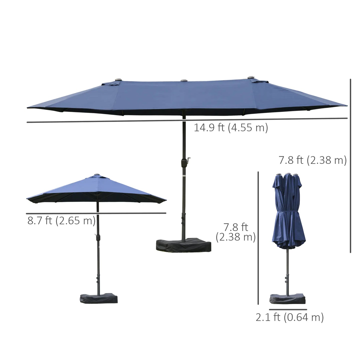 15' Outdoor Patio Umbrella, Twin Canopy Sunshade, Steel Table, Dark Blue Sun Umbrellas at Gallery Canada
