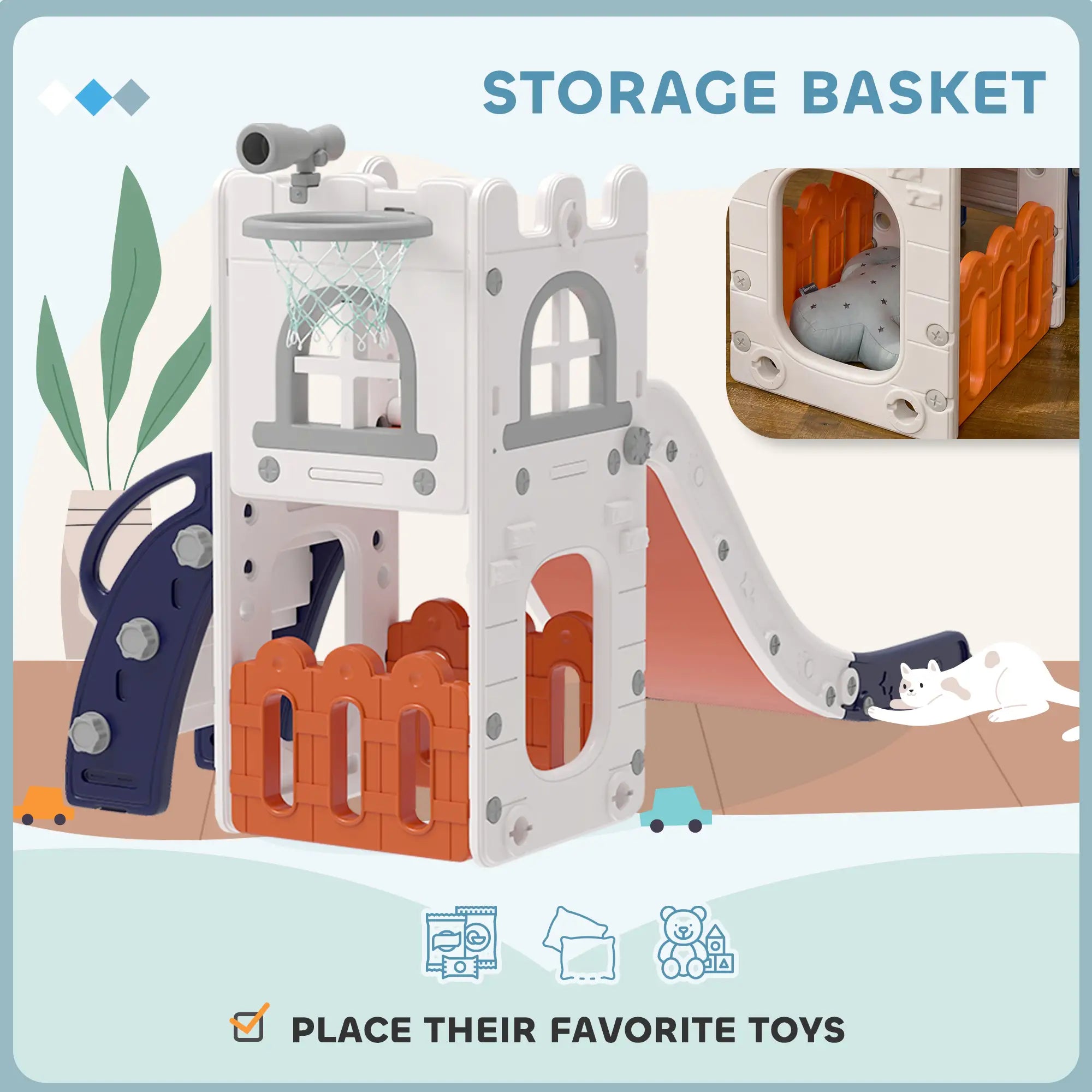 Toddler Slide With Basketball Hoop, Climber, Telescope, Storage Basket, For 1-3 Years, Orange Gym Sets & Swings at Gallery Canada