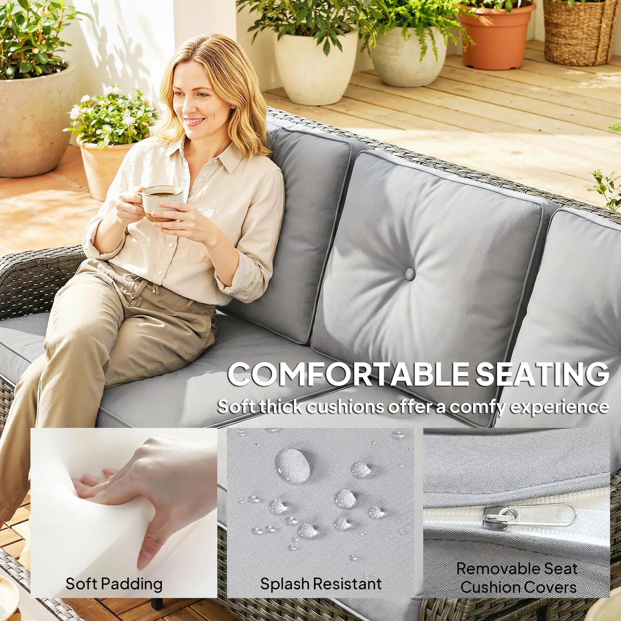 Wicker Patio Sofa With Cushions, 3 Seater Rattan Outdoor Couch, Light Grey Patio Furniture Sets at Gallery Canada