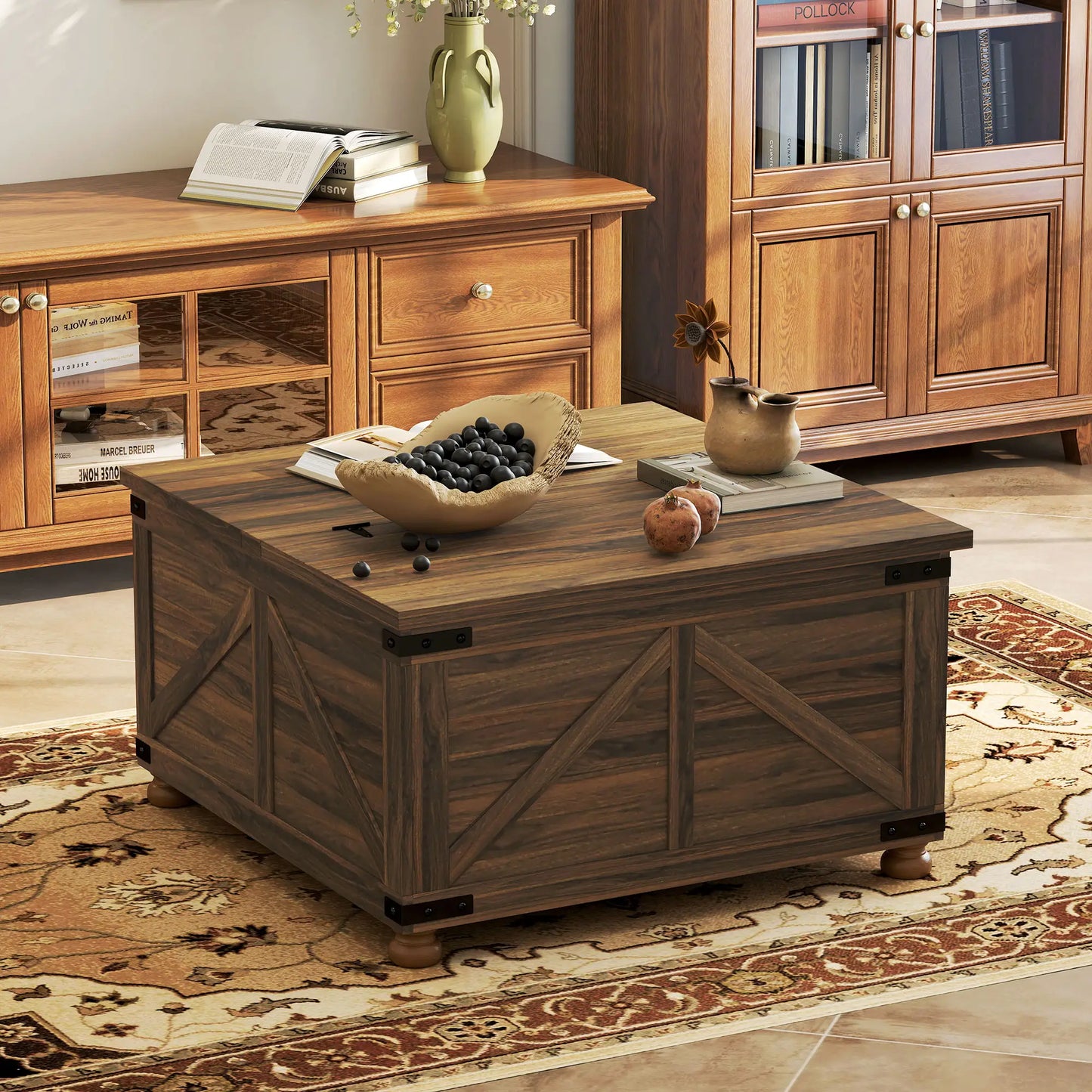 Lift Top Coffee Table, 32" Farmhouse Style, Hidden Compartment, Brown Wood Grain, Brown Coffee Tables at Gallery Canada