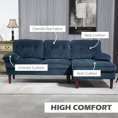 Modern Corner Couch, Right Chaise Lounge, Tufted 3-Seater Sofa, Wooden Legs, Navy Blue 3-Seater Sofas at Gallery Canada