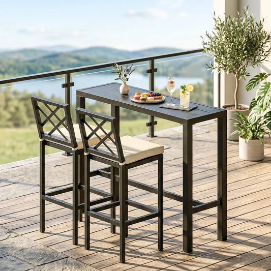 3 Piece Patio Bar Set, Outdoor Bar Table and Stools, Electrophoresis Steel Tabletop, X Back, Footrest, Cushions, Khaki Bistro Sets Khaki, Black at Gallery Canada