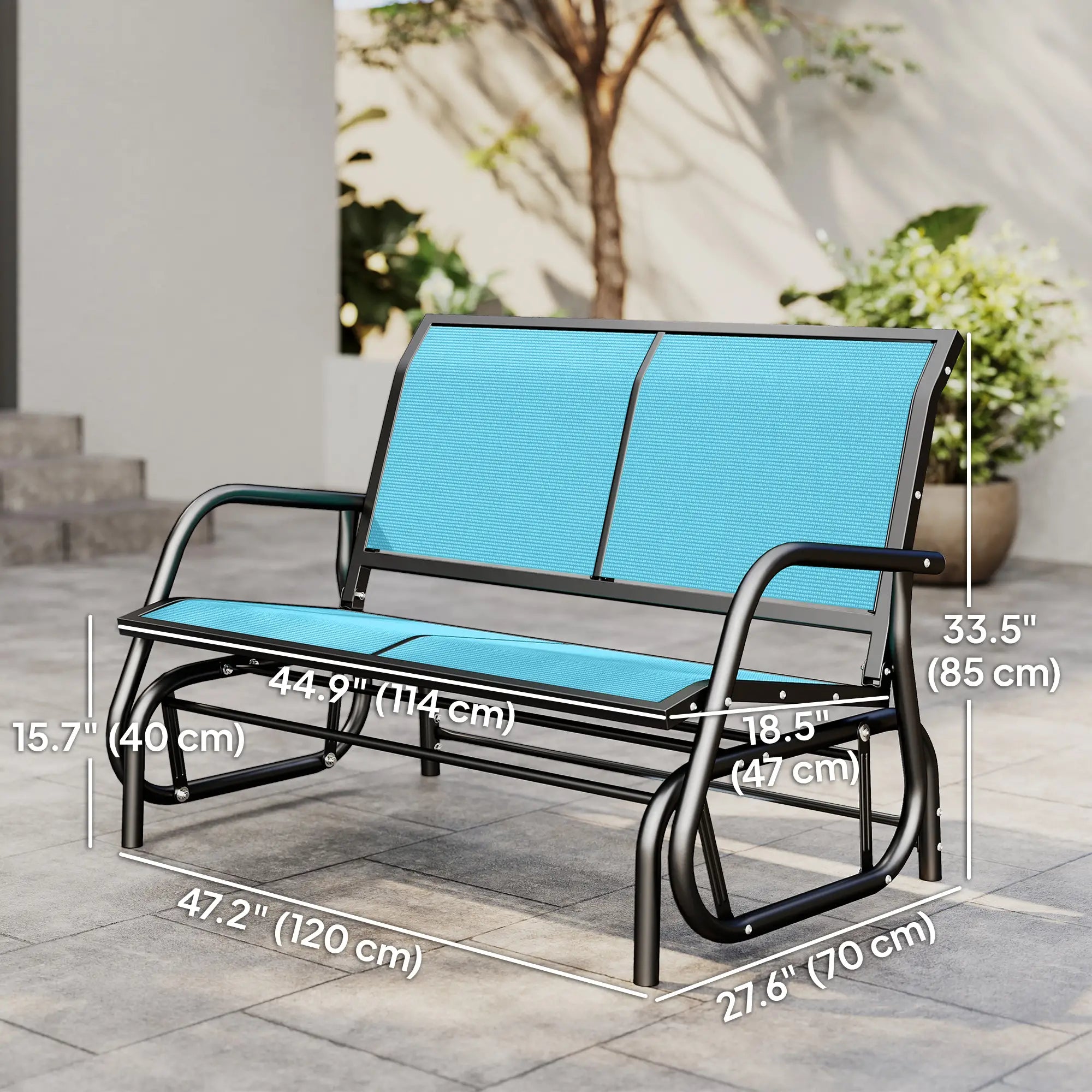 Outdoor Steel Glider Bench, Sling Fabric Swing Chair, Blue Outdoor Gliders at Gallery Canada