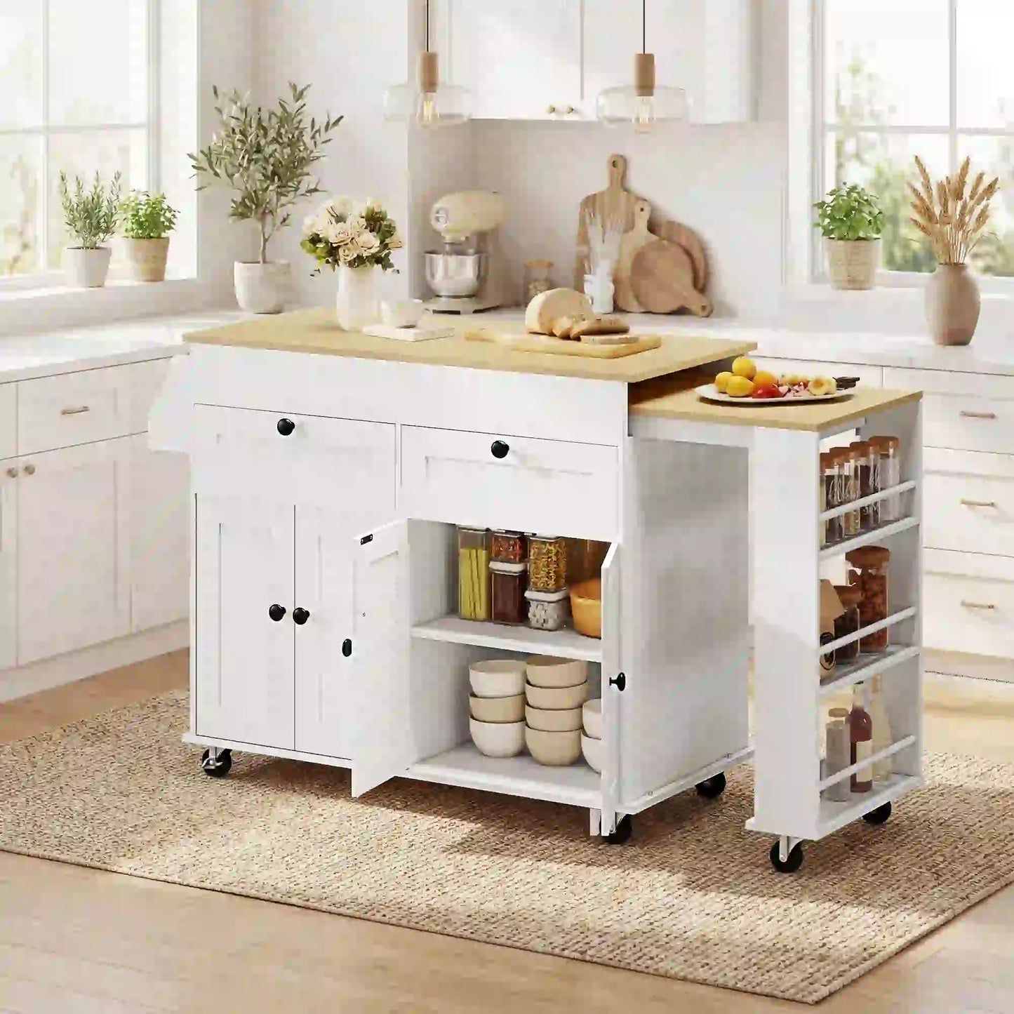 Kitchen Island With Sliding Expandable Top, Rolling Cart, White Kitchen Islands & Kitchen Carts at Gallery Canada