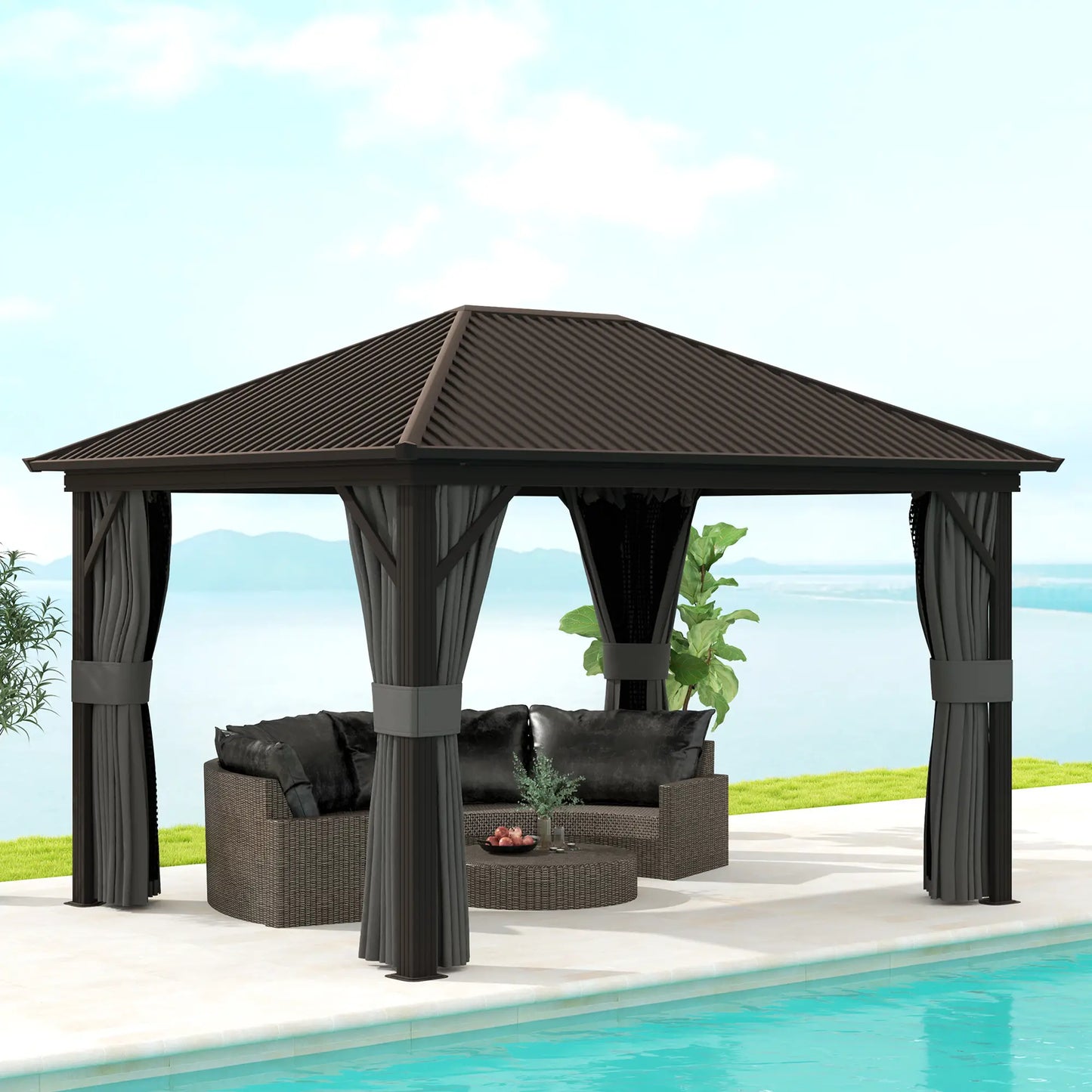 10' x 12' Hardtop Gazebo, Metal Roof, Aluminum Frame, Mesh Nettings, Dark Grey Gazebos at Gallery Canada