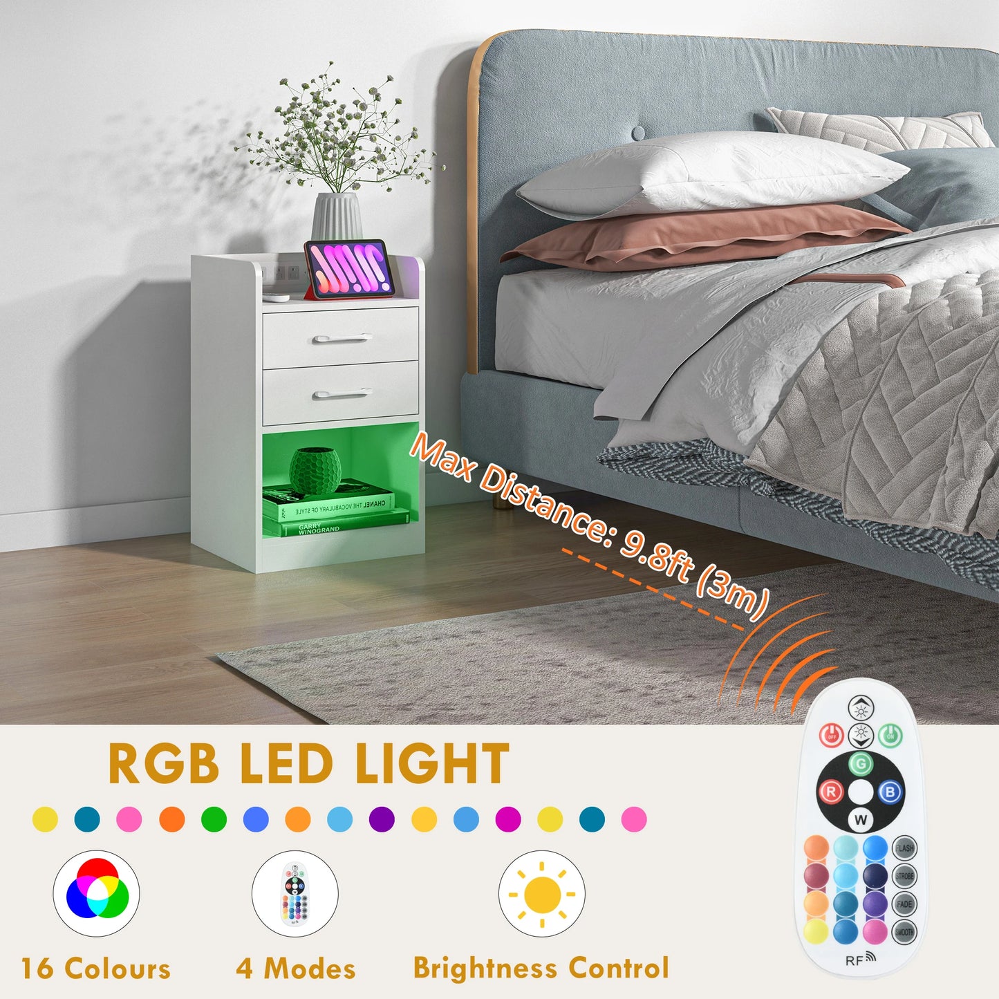 Tall Nightstand with Charging Station and LED Lights, Small Bedside Table with AC Outlets, USB Ports, 2 Drawers, Shelf Bedside Tables at Gallery Canada