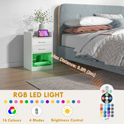 Tall Nightstand with Charging Station and LED Lights, Small Bedside Table with AC Outlets, USB Ports, 2 Drawers, Shelf Bedside Tables at Gallery Canada
