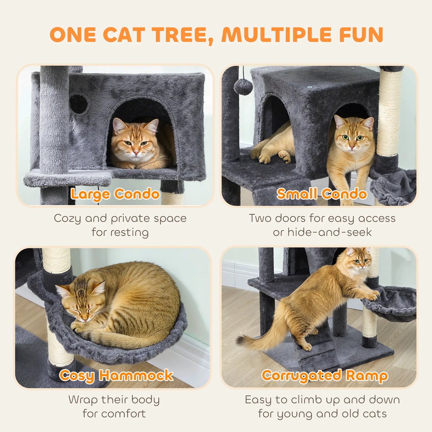 63 Inch Cat Tree, Sisal Scratching Posts, Condos, Plush Perches, Hammock, Ladder, Dangling Balls, Dark Grey Cat Towers at Gallery Canada
