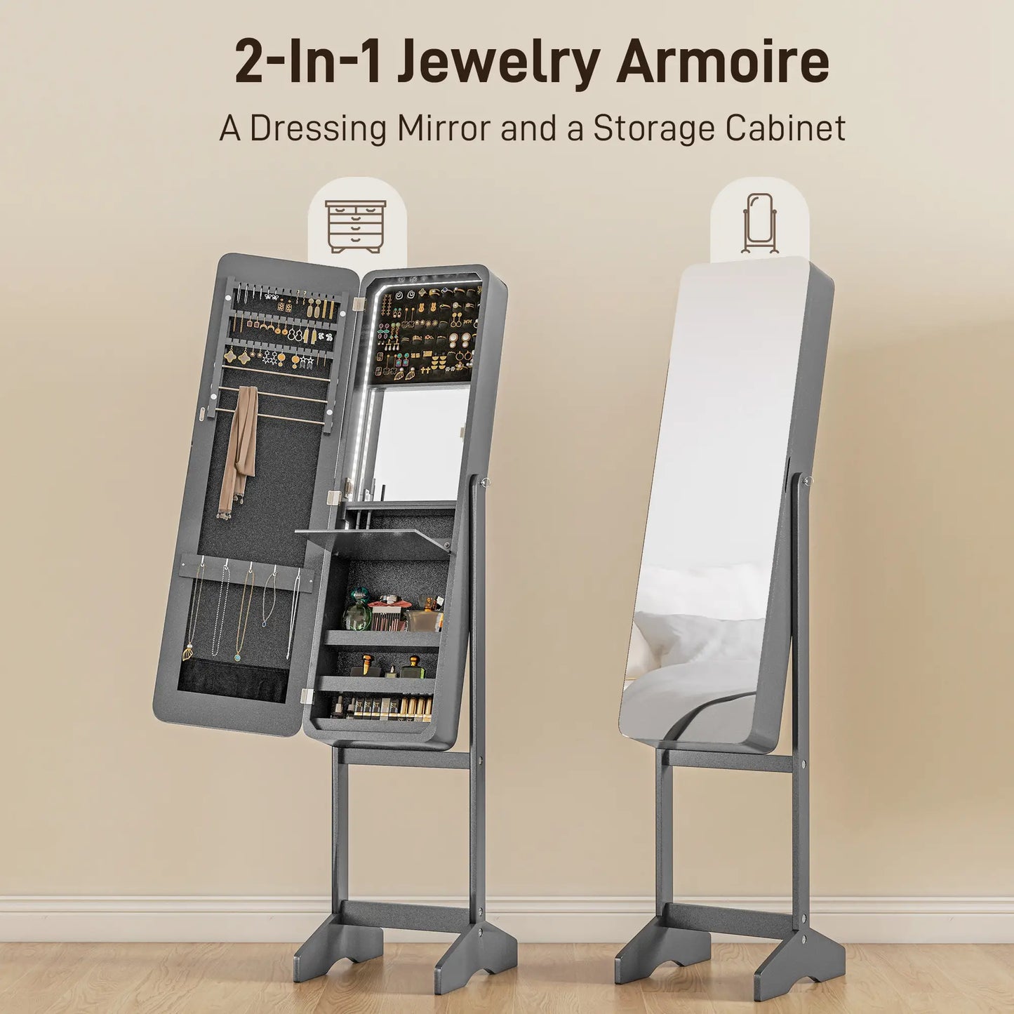 Standing Mirror Jewelry Cabinet, LED Lights, Angle Adjustable, Grey Jewelry Armoire & Jewellery Mirror Cabinets at Gallery Canada