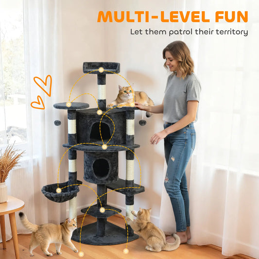 62" Cat Tree, Scratching Post, 2 Condos, Hammock, Perches, Dark Grey