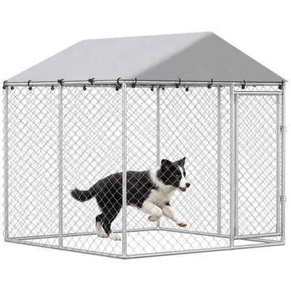 6.6' x 6.6' x 6.6' Outdoor Dog Kennel Heavy Duty Galvanized Steel with UV-resistant Roof, Silver