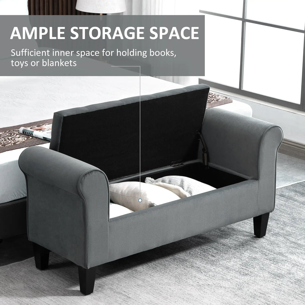Button Tufted Storage Ottoman Bench, 70 Inches, Grey Storage Ottomans & Benches at Gallery Canada