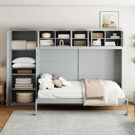 Murphy Bed with Storage, Space-saving Wall Bed, 117.5" L x 16" W x 88" H, Grey Bed Frames Grey at Gallery Canada