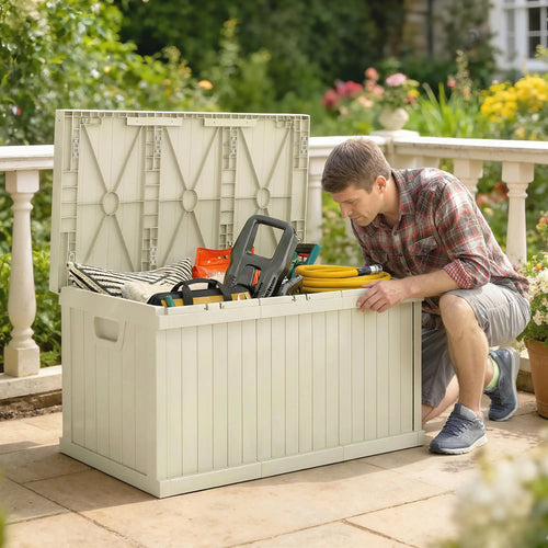 70 Gallon Resin Deck Box, Waterproof Outdoor Storage Container