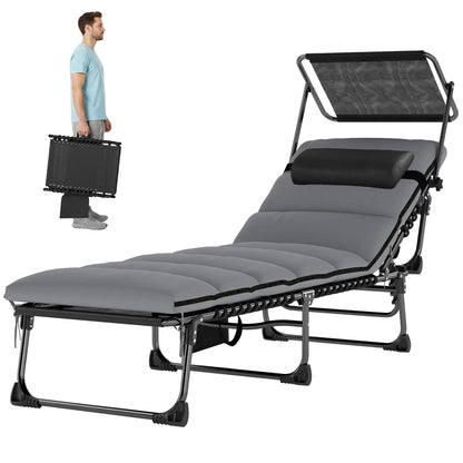 Outdoor Folding Chaise Lounge, 5-Level Adjustable Back, Cushion Lounger Chairs Black, Light Grey at Gallery Canada