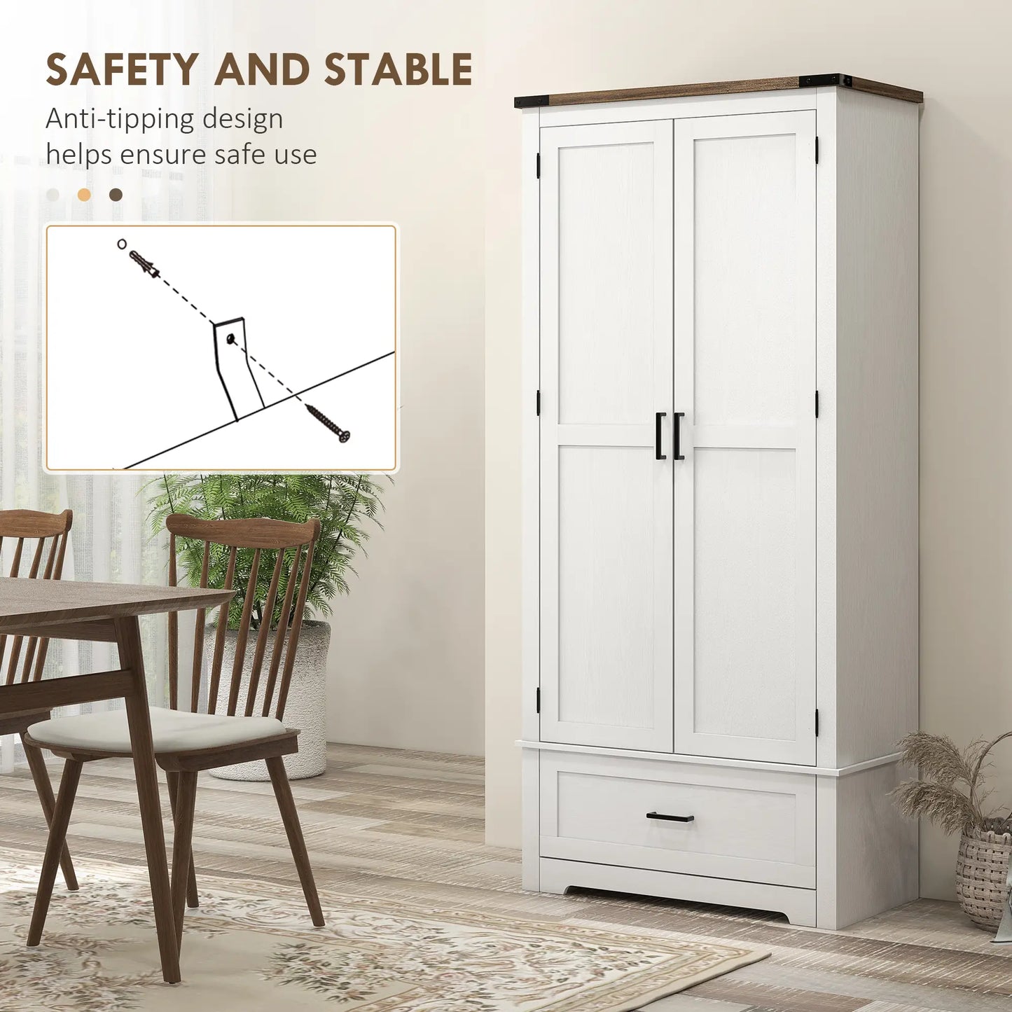 69" Tall Farmhouse Pantry Cabinet, 2 Doors, Drawer, Adjustable Shelves, White Kitchen Pantry Cabinets at Gallery Canada