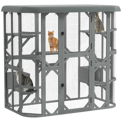71" Wooden Cat Enclosure, With Platforms And Condos, Grey Outdoor Cat Enclosures at Gallery Canada