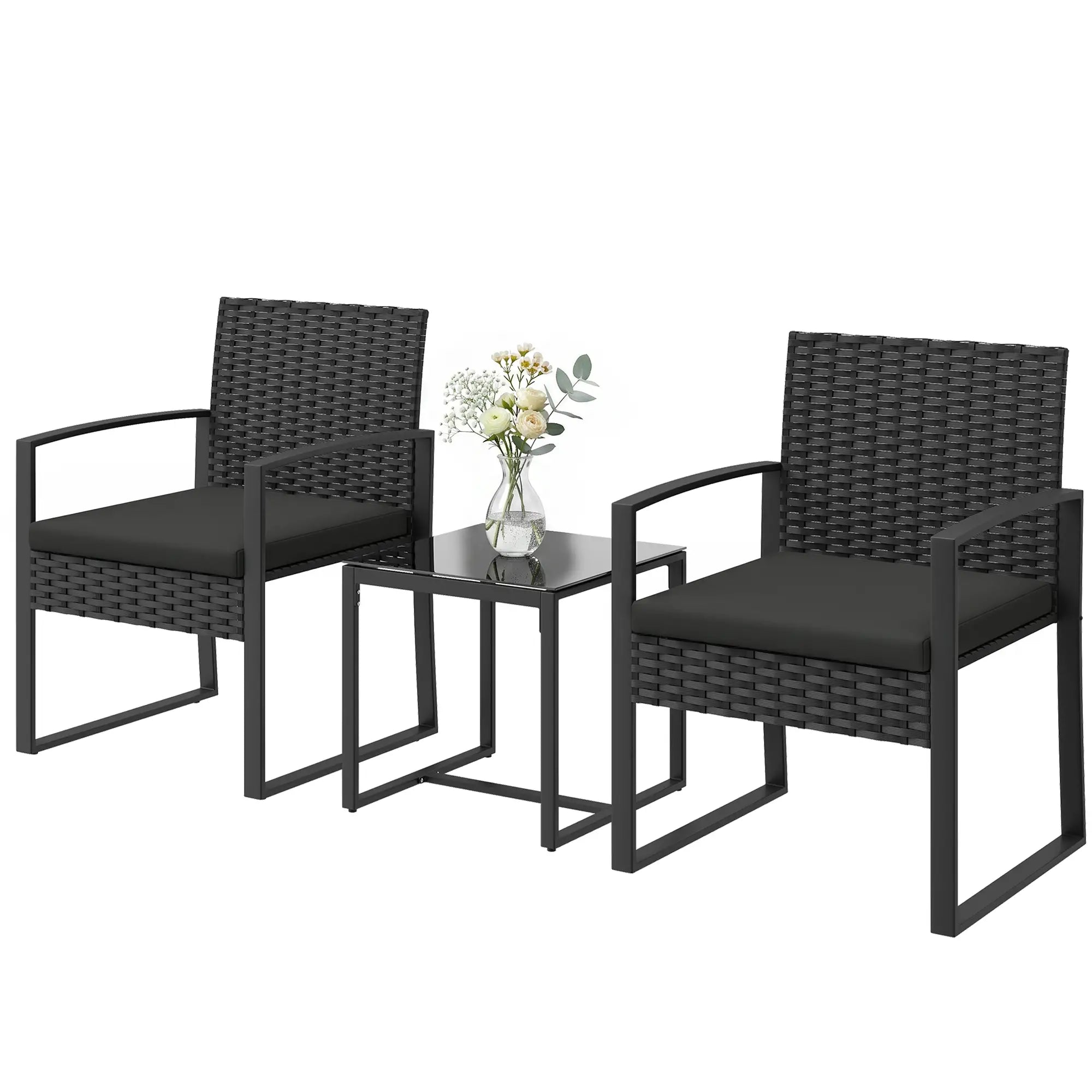 3 Piece Wicker Patio Set, Glass Top Table With Cushions, Black Bistro Sets Black at Gallery Canada