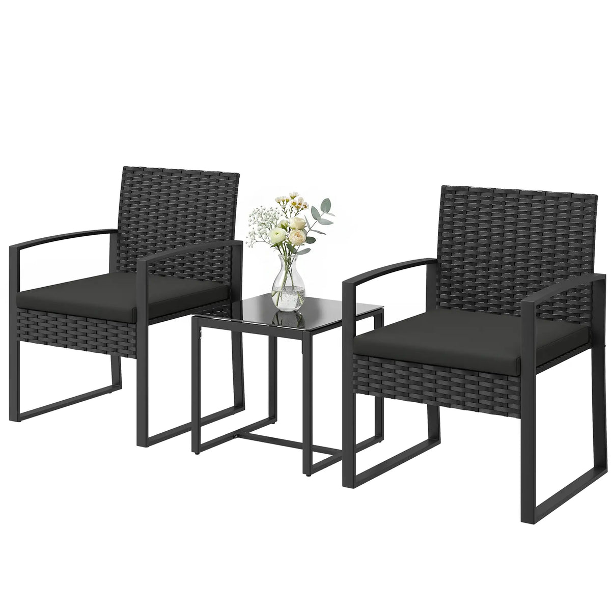 3 Piece Wicker Patio Set, Glass Top Table With Cushions, Black Bistro Sets Black at Gallery Canada