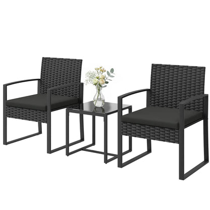 3 Piece Wicker Patio Set, Glass Top Table With Cushions, Black Bistro Sets Black at Gallery Canada