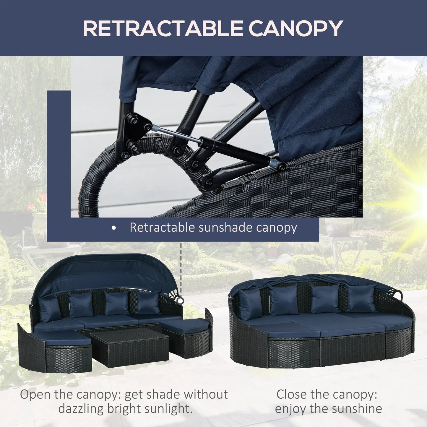 4-Piece PE Wicker Round Daybed, Outdoor Rattan Lounge Set, Dark Blue Daybeds at Gallery Canada