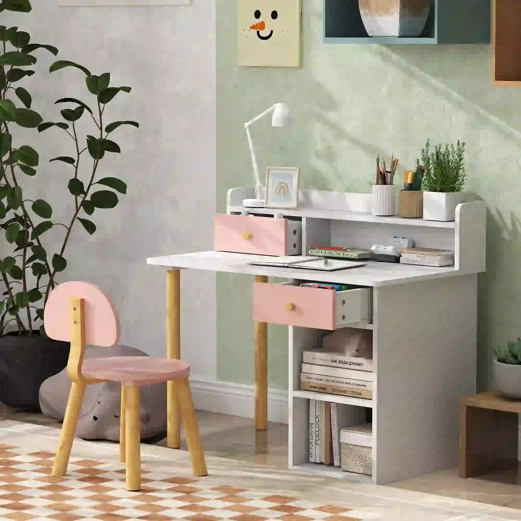 Kids Study Table and Chair Set, Desk with Storage, for 3-8 Year Old, Pink Kids Desk Sets at Gallery Canada
