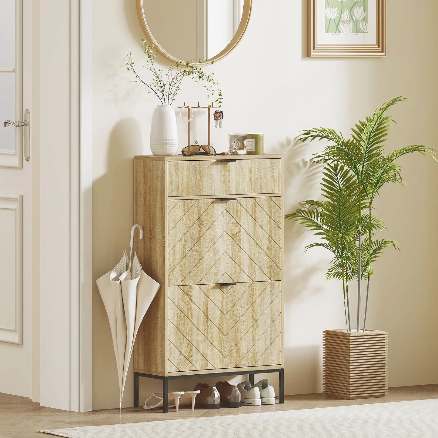 Narrow Shoe Storage Cabinet, Flip Drawers, Adjustable Shelves, Holds 8 Pairs, Oak Shoe Storage Cabinets & Racks at Gallery Canada