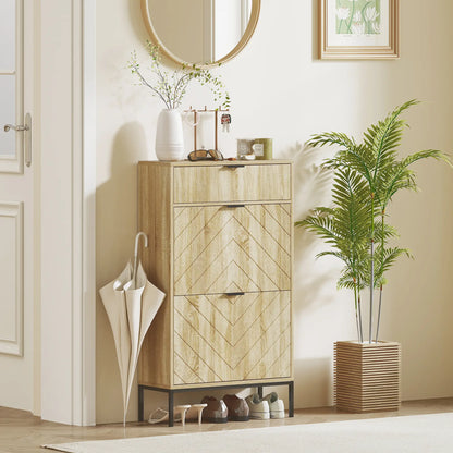 Narrow Shoe Storage Cabinet, Flip Drawers, Adjustable Shelves, Holds 8 Pairs, Oak Shoe Storage Cabinets & Racks at Gallery Canada