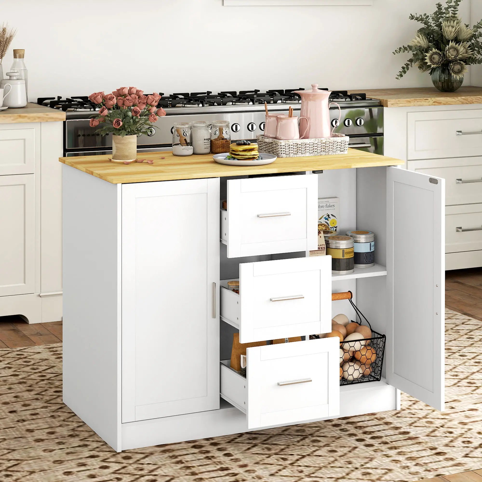 Kitchen Island with Storage, 3 Drawers, 2 Shelves, White Kitchen Islands & Kitchen Carts at Gallery Canada