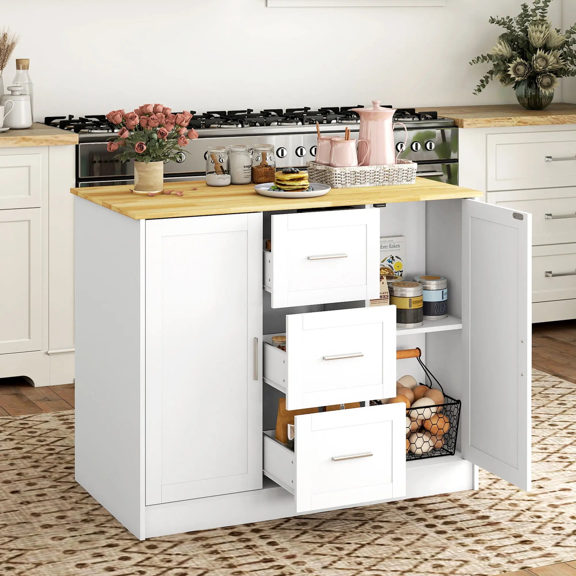 Kitchen Island with Storage, 3 Drawers, 2 Shelves, White Kitchen Islands & Kitchen Carts at Gallery Canada