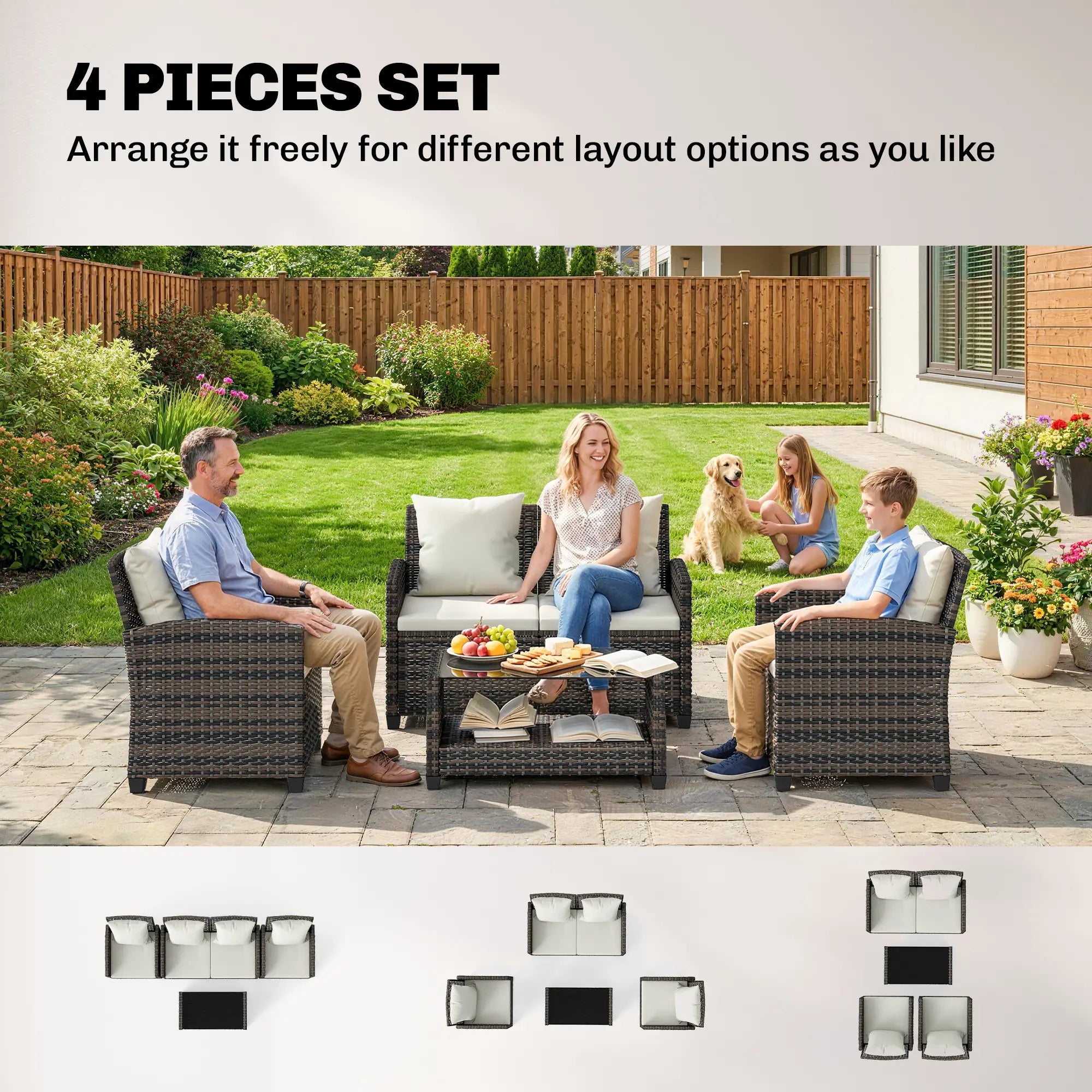 4 Piece Wicker Patio Furniture Set, Loveseat, Chairs, 2 Tier Table, Beige Patio Furniture Sets at Gallery Canada