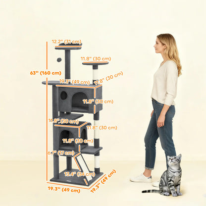 63" Cat Tree, Multi-Level Cat Tower, Scratching Posts, Dark Grey