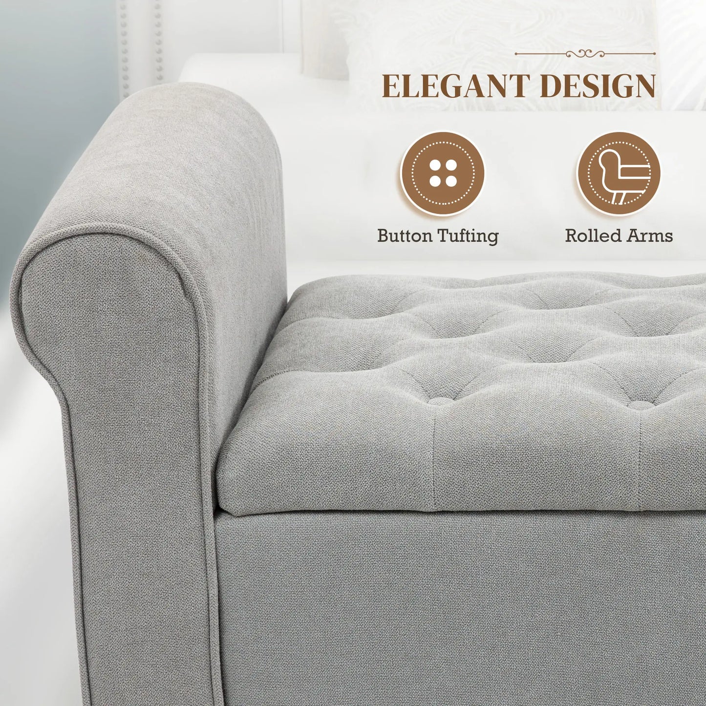 50 Inches Storage Ottoman, Light Grey, Upholstered Bench With Rolled Arms, Light Grey Storage Ottomans & Benches at Gallery Canada