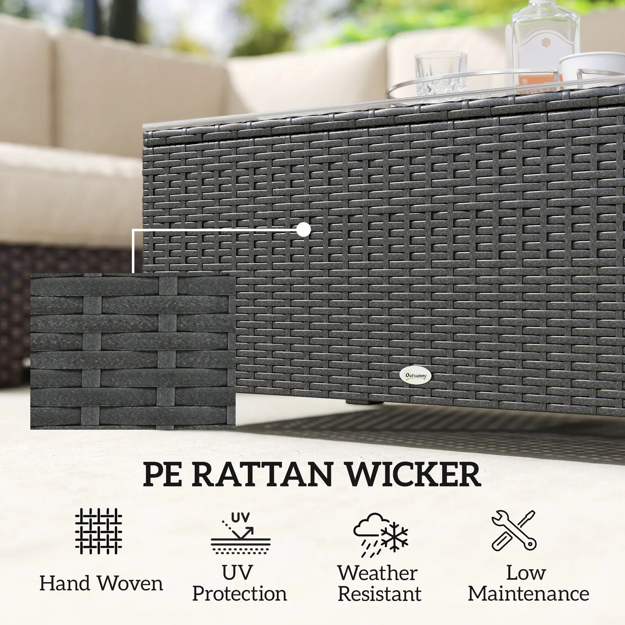 PE Wicker Outdoor Coffee Table, Glass Top, Dark Grey Patio Dining Tables at Gallery Canada