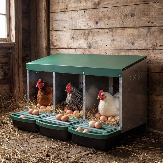Chicken Nesting Boxes, 3 Compartment Metal Nesting Boxes for Chicken Coop, Egg Laying Boxes with Lid Cover Chicken Coops Silver, Green, Black at Gallery Canada