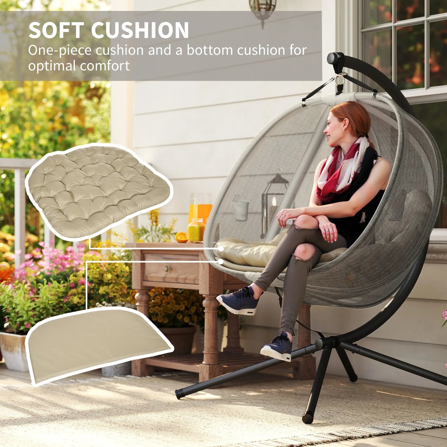 Double Egg Chair with Stand, 2 Person Hanging Swing, Khaki Patio Swings with Stand at Gallery Canada
