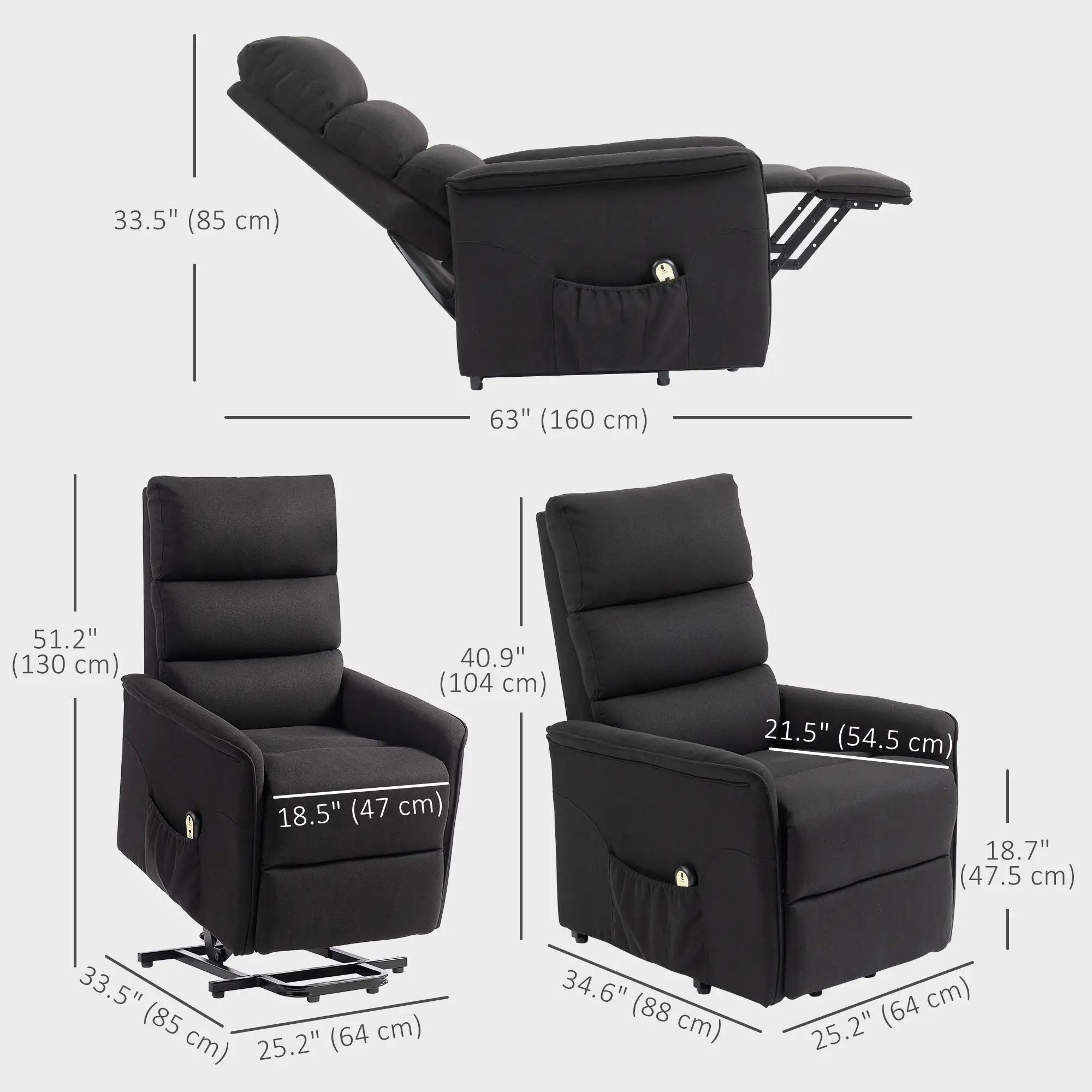 Power Lift Chair Recliner, Remote Control, Side Pockets, Black Sofas & Reclining Chairs at Gallery Canada