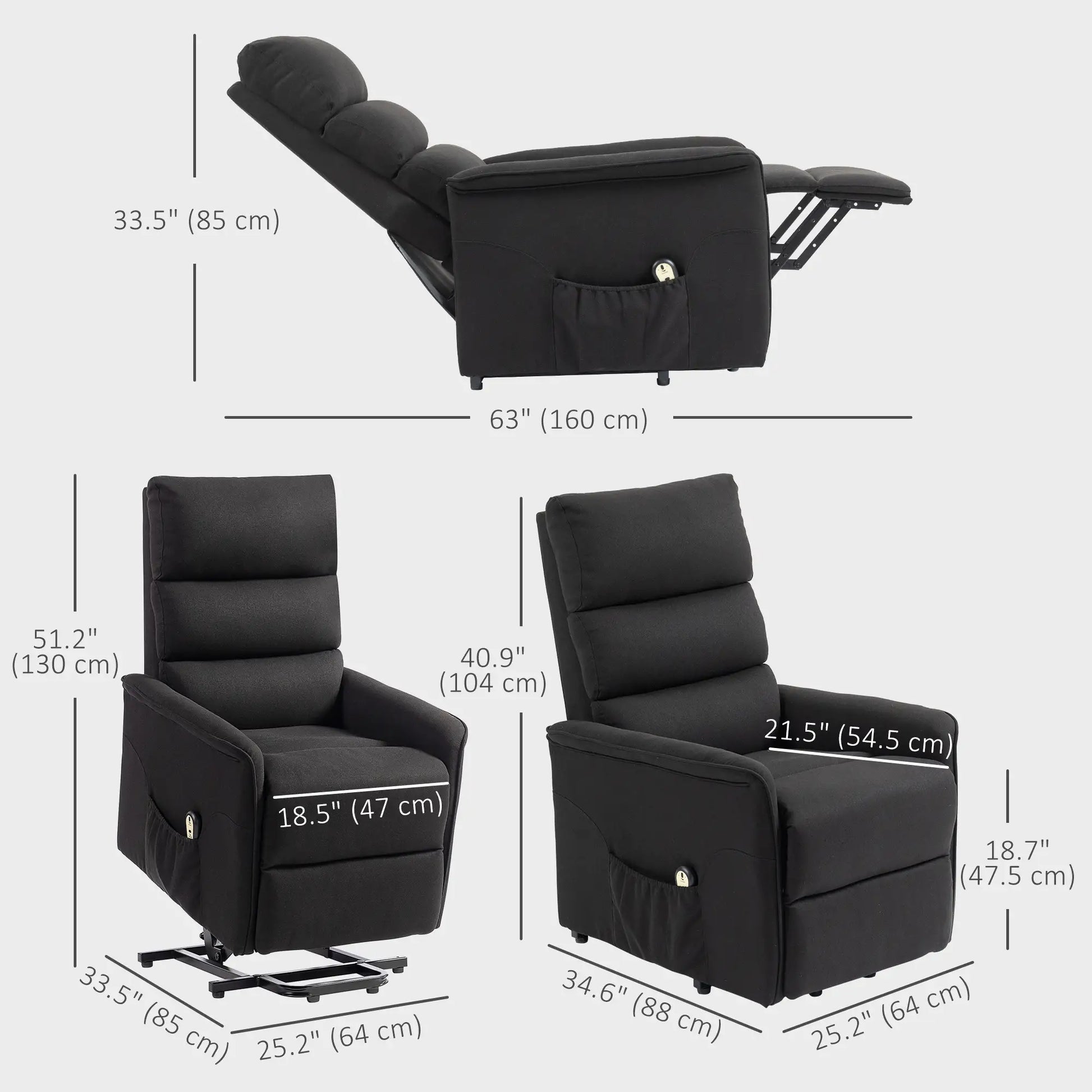 Power Lift Chair Recliner, Remote Control, Side Pockets, Black Sofas & Reclining Chairs at Gallery Canada