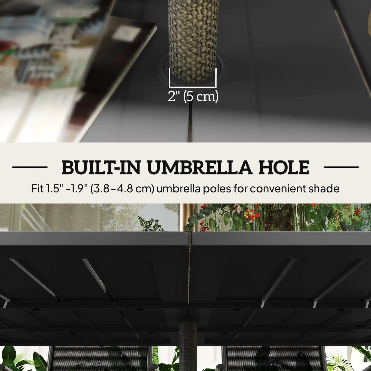 59" Outdoor Patio Table With Umbrella Hole, Slatted Tabletop, Black Patio Dining Tables at Gallery Canada