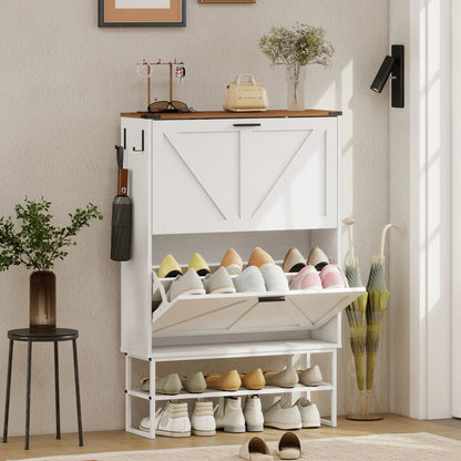 Narrow Shoe Cabinet with 2 Flip Drawers, Slim, White Wood Grain, White Shoe Storage Cabinets & Racks at Gallery Canada