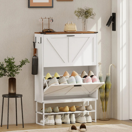 Narrow Shoe Cabinet with 2 Flip Drawers, Slim, White Wood Grain, White