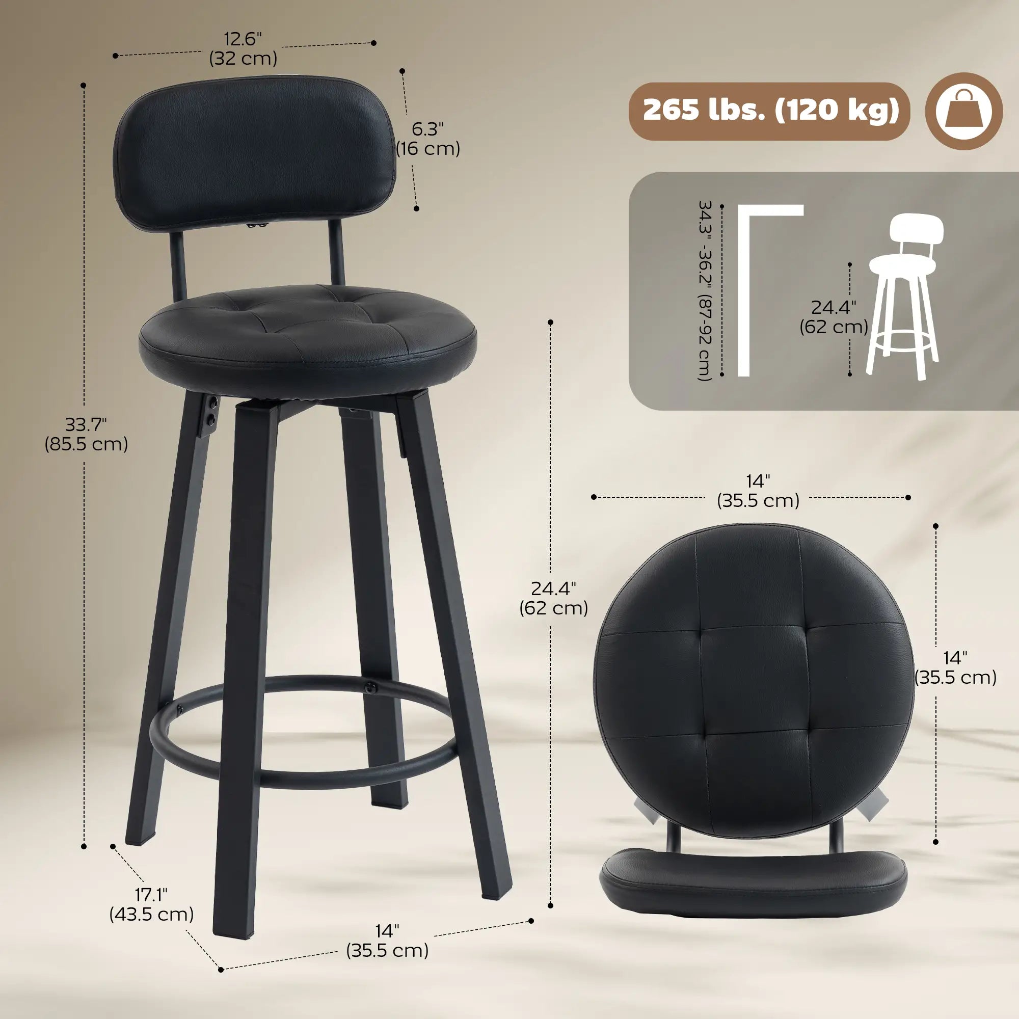 Upholstered Bar Stools Set Of 2, With Footrest And Backrest, Black Bar Stools at Gallery Canada