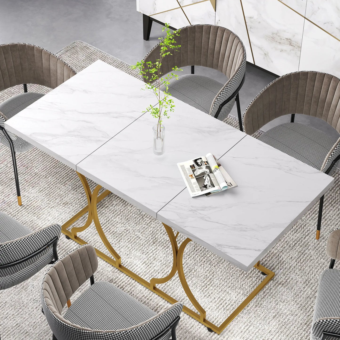 59-Inch Dining Table for 6, Modern Marble-Pattern, White Dining Tables at Gallery Canada