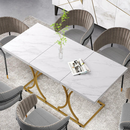 59-Inch Dining Table for 6, Modern Marble-Pattern, White Dining Tables at Gallery Canada
