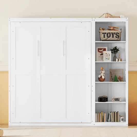 Murphy Bed with Storage Shelves, Space-Saving Wall Bed, 87.5" L x 16" W x 84" H, White Bed Frames White at Gallery Canada