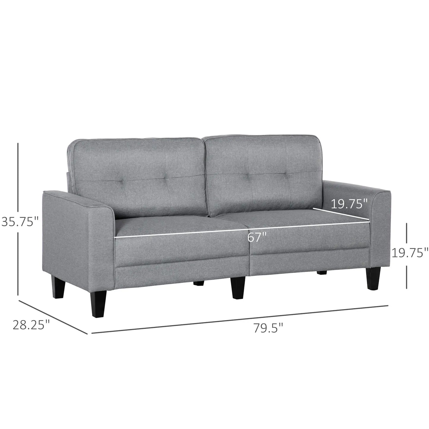 3-Seater Sofa, Mid-Century Linen Couch, Upholstered Seat, Gray 3-Seater Sofas at Gallery Canada