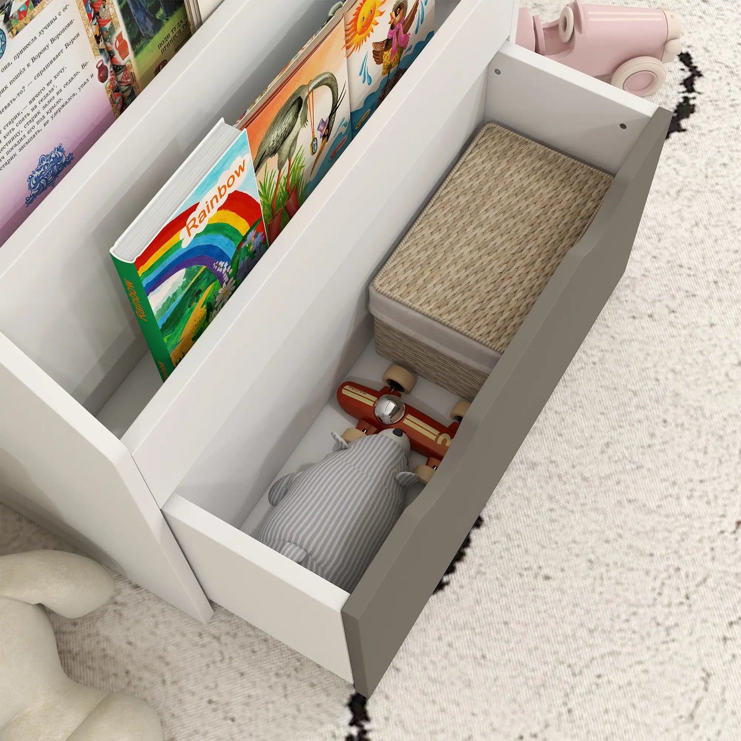 Kids Bookshelf, 3 Tier Display Shelves with Drawer, Grey Baby & Kids Storage at Gallery Canada