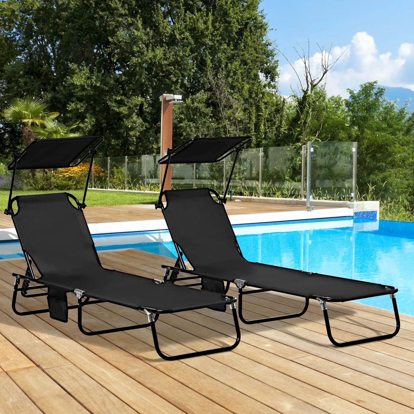 2 Piece Folding Chaise Lounges, Reclining Back, Sunshade, Black Lounger Chairs at Gallery Canada